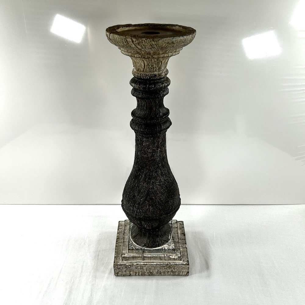 Tall Carved Wood Pillar Tapper Candle Holder 15" Grey Rustic Traditional Decor